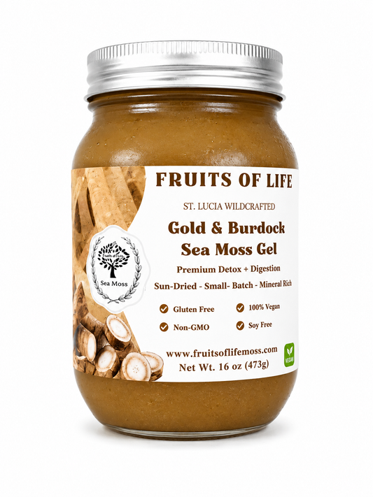A jar of Fruits of Life St. Lucia Wildcrafted Gold & Burdock Sea Moss Gel, featuring a brown gel visible through the clear glass, a white label with brown text, and a silver metal lid, set against a plain white background.